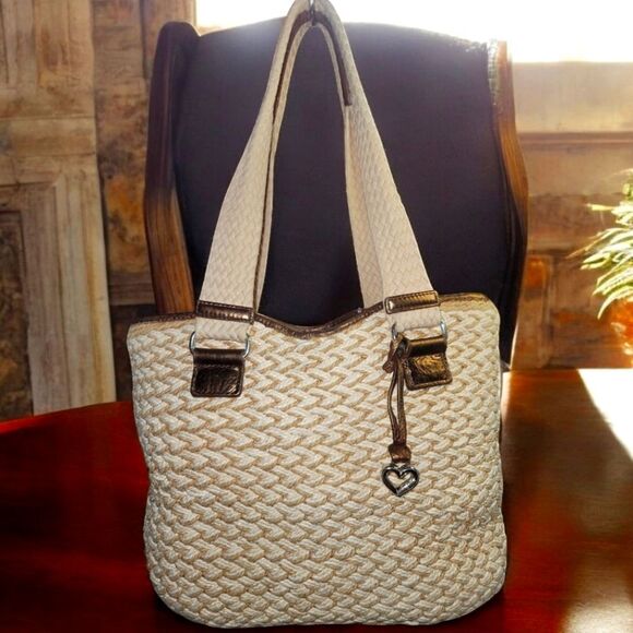 Brighton Handbags - Brighton Buckle Jute Shoulder Bag
Cream and Brow